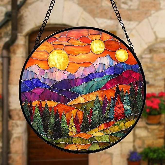 Stained Glass Window Hanging, Sunset Abstract Sun Catchers Colorful Glass Panel Landscape Suncatcher Decor for Birthday for Women, Men, Wife, Aunt, and Mom 11.8x11.8 in