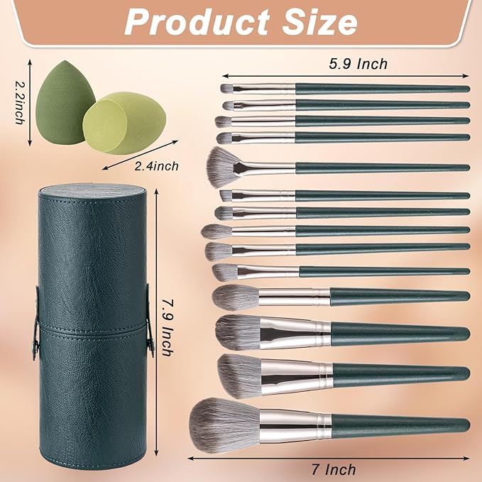 Makeup Brushes, 14 Pcs Professional Makeup Brush Set, Eye and Face Foundation Brush Set, Eyeshadow Brushes, Cosmetic Brushes with 2 Blender Sponge and PU Makeup Pail, Dark Green