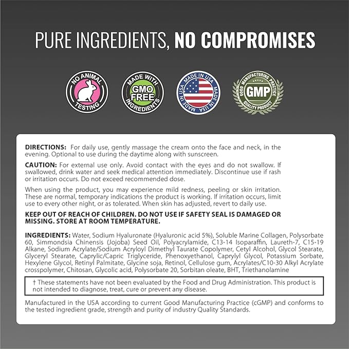 Approved Science Retinol Cream with 1% Retinol, 5% Collagen, and 5% Hyaluronic Acid - Revitalize, Brighten, Firm, and Plump Skin - 2 fl. oz. (60 ml)