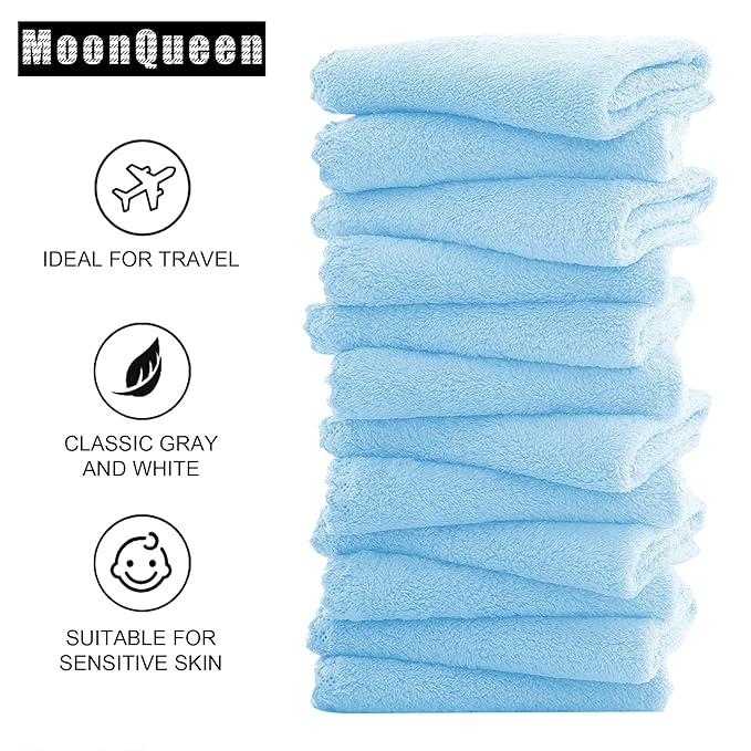 MOONQUEEN Microfiber Facial Cloths Fast Drying Washcloth 12 Pack - Premium Soft Makeup Remover Cloths - Aquamarine