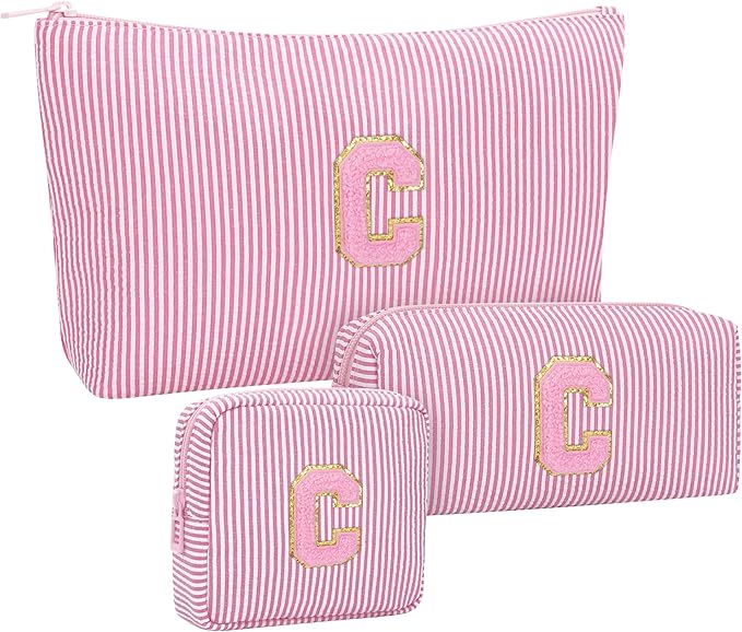 MONSTINA Personalized Initial Makeup Bag|Toiletry Bag for Women,Make Up Case for Girlfriend Bridesmaid Wife,Birthday Gift for Her Cute,3PCS,Pink C