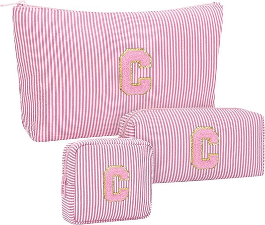 MONSTINA Personalized Initial Makeup Bag|Toiletry Bag for Women,Make Up Case for Girlfriend Bridesmaid Wife,Birthday Gift for Her Cute,3PCS,Pink C