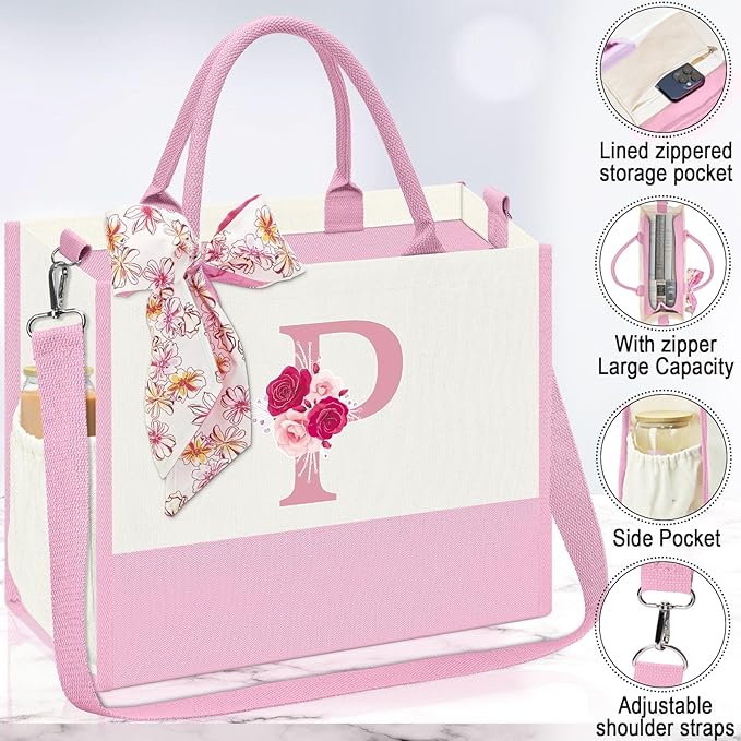 Monogrammed Gifts for Women,Personalized Gift for Women,Initial Canvas Tote Bag,16oz Initial Glass Cup,Initial Makeup Bag,Initial Jewelry Organizer Box,Birthday Gifts for Aunt Niece-P