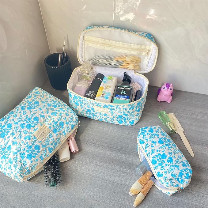 Lake Blue Large Quilted Floral Makeup Bag Set of 3 Cute Coquette Aesthetic Cosmetic Bag Set Travel Toiletry Bag for Women