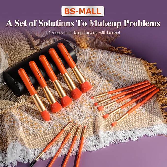 BS-MALL Makeup Brush Set 14 Pcs With Case - Foundation Brush, Concealer Brush, Blush Brush & Flawless Application – Complete Luxury Cosmetic Brush Kit For Travel & Daily Use