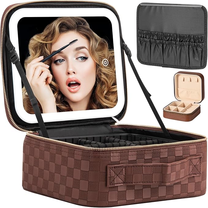 Makeup Travel Train Case with Mirror LED Light 3 Adjustable Brightness Large Cosmetic Bag Portable Storage Adjustable Partition Waterproof Makeup Brushes Make up Jewelry Gift for Women