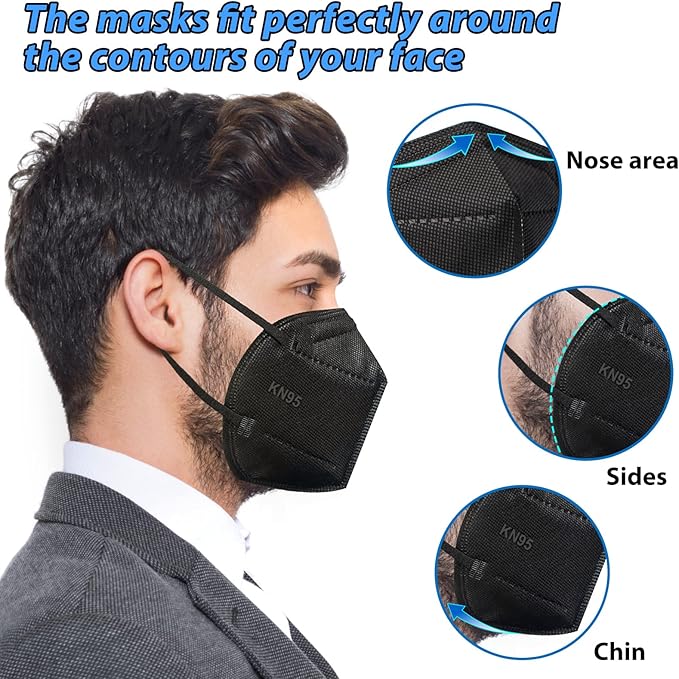 OKIAAS 50 Pack KN95 Face Mask, 5-Layer masks disposable kn95 Black,Face Protection Against PM2.5, Dust, Pollen and Haze, for Women, Men