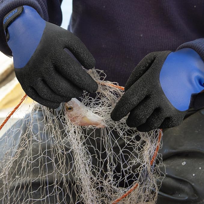 Kebada T2 Waterproof Work Gloves for Men and Women, Thermal Warm Winter Working Gloves, Insulated Freezer Gloves for Cold Weather, 100% Latex Coating, Wrist Closure, 2 Pairs, Blue, Medium