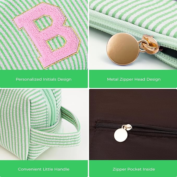 Bridesmaid Gifts Wedding Day - Bridal Shower Gifts,Maid of Honor Gifts,Initials Makeup Bag Set Cosmetic Bag - Green,B