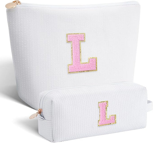 Monogrammed Gifts for Women - Cosmetic Bag for Teen,Initial Cute Makeup Bag Set for Women,Trendy Pouch for Niece Sister Friend Female Her,Birthday Gifts for Daughter - White,L