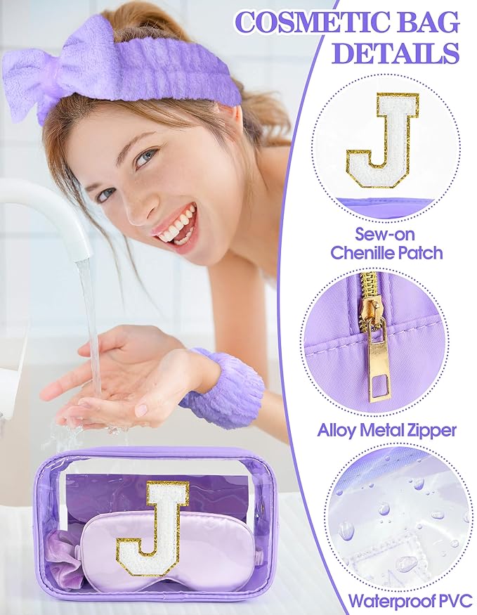 Gift Sets for Women, Initial Makeup Bag with Makeup Brush Set Bachelorette Party Favors, Purple Spa Kit with Skincare Headbands Wrist Bands Sleepover Party Supplies Gifts for Teen Girls Bridesmaid J