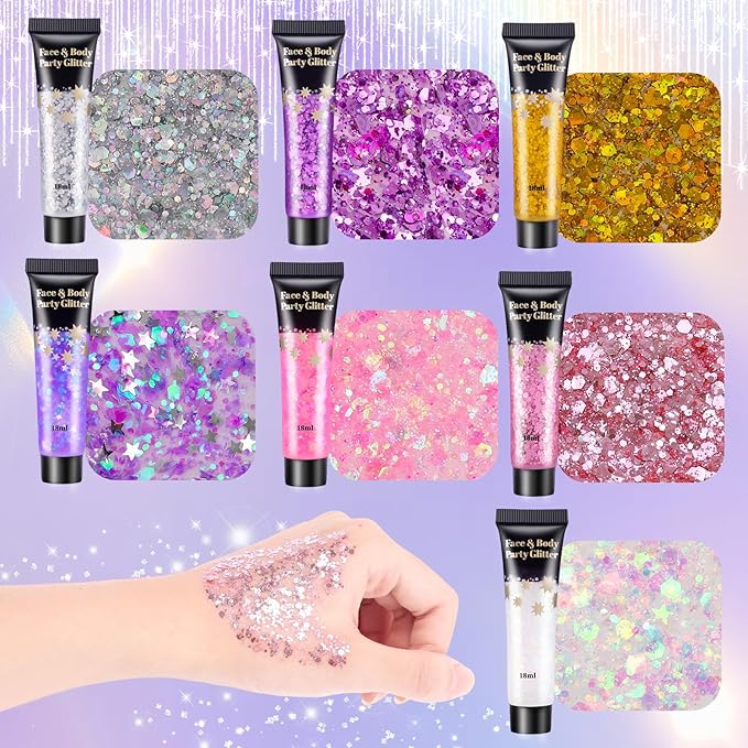 AROIC Kids Unicorn Hair Glitter，14Pcs Body &Face Shimmering Glitter Gel Set，Fairy Costume Sparkle Makeup for Girls，Holographic Sparkle Face Paint for Festivals Princess Birthday Party Gifts (7 Colors)