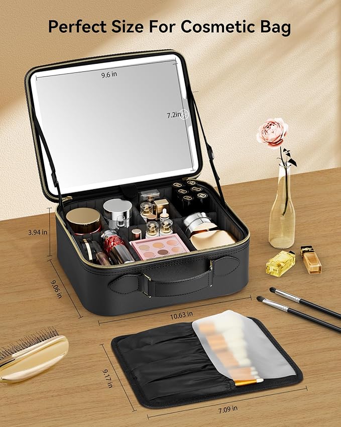 JUSRON Travel Makeup Bag With LED Mirror, Cosmetic Train Case with Light up Mirror, Portable Makeup Artist Organizer Bag with Adjustable Dividers, Makeup Brush Holder Storage (Black, Medium)