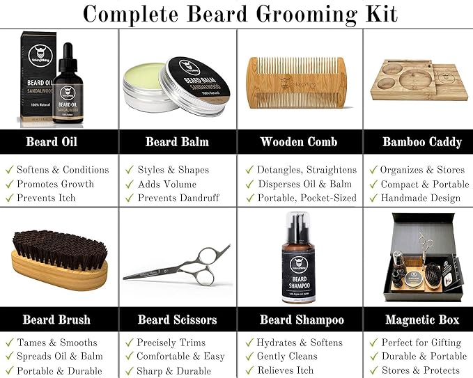 Striking Viking Beard Growth Kit - 7-Piece Set, Sandalwood Scent & Caddy - Oil & Balm with Beard Brush, Dual-Sided Comb & Scissors plus Mustache Comb for Grooming & Styling
