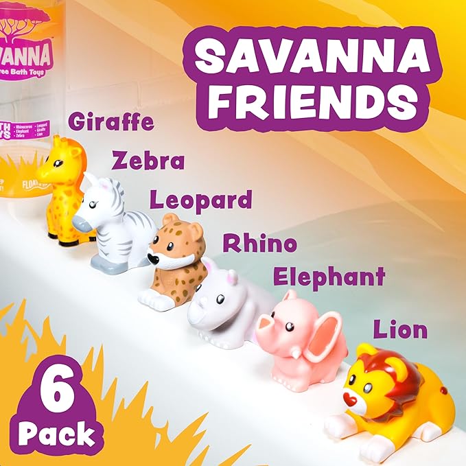Tub Works® Savanna™ Mold Free Bath Toys, 6 Pack | Sealed, No Hole Bath Toys Design Keeps Moisture Out | Soft, Squeezable & Float on Water | Easy-Grip Baby & Toddler Bathtub Toys | Great Baby Pool Toys