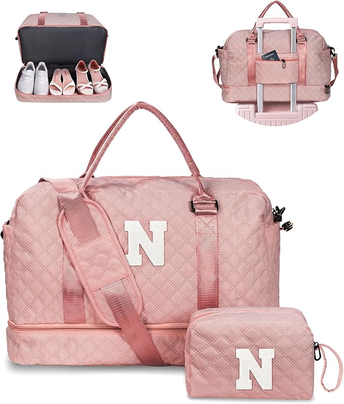 Gifts for Sister-Initial Duffle Bag with Shoe Compartment, Personalized Weekender Bag, Monogram Overnight Bag, Letter Travel Bag with Makeup Bag，Sister Friend Girlfriend Gifts (Letter N)