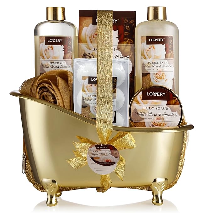 Gifts for Women Home Spa Gift Basket, Luxury 13pc Bath & Body Set Men & Women, White Rose & Jasmine Scent - Shower Gel, Bubble Bath, Body Scrub, Salts, 6 Bath Bombs, Pouf, Cosmetic Bag & Gold Tub