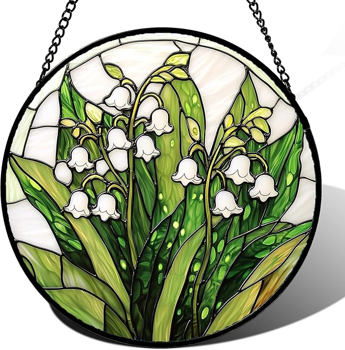 Stained Glass Window Hanging, Lily of The Valley Flower Sun Catchers Colorful Glass Panel Green Plants Suncatcher Decor for Birthday for Women,Men,Wife, Lovers, and Mom 14.9 in