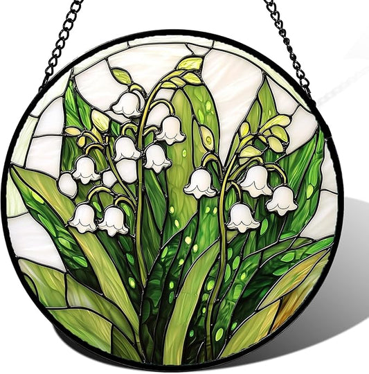 Stained Glass Window Hanging, Lily of The Valley Flower Sun Catchers Colorful Glass Panel Green Plants Suncatcher Decor for Birthday for Women,Men,Wife, Lovers, and Mom 14.9 in