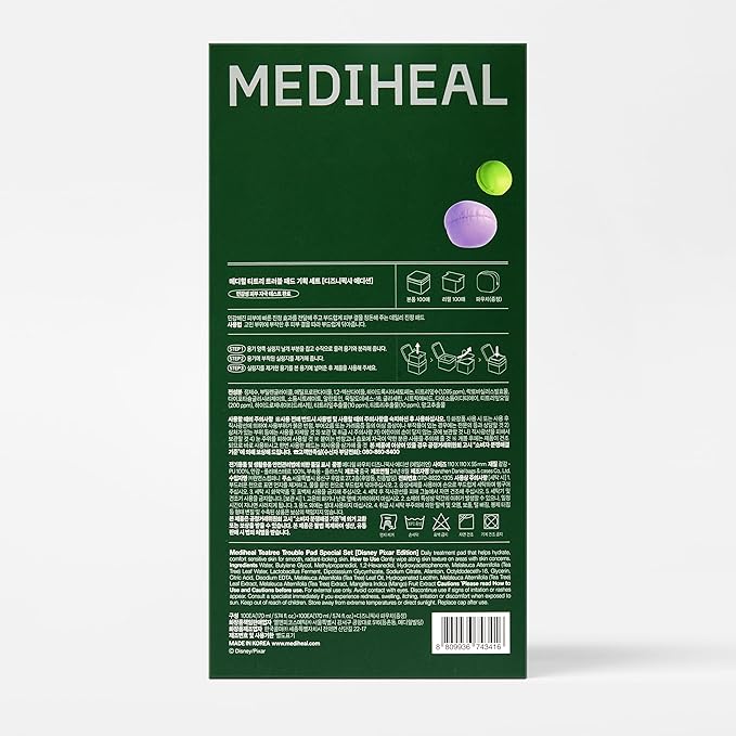 MEDIHEAL Teatree Trouble Toner Pads [Disney Pixar Edition] - Lactobacillus Sensitive Acne Prone Skin - Vegan Face Gauze, Full Size 100 + Refill 100 (200 Pads)