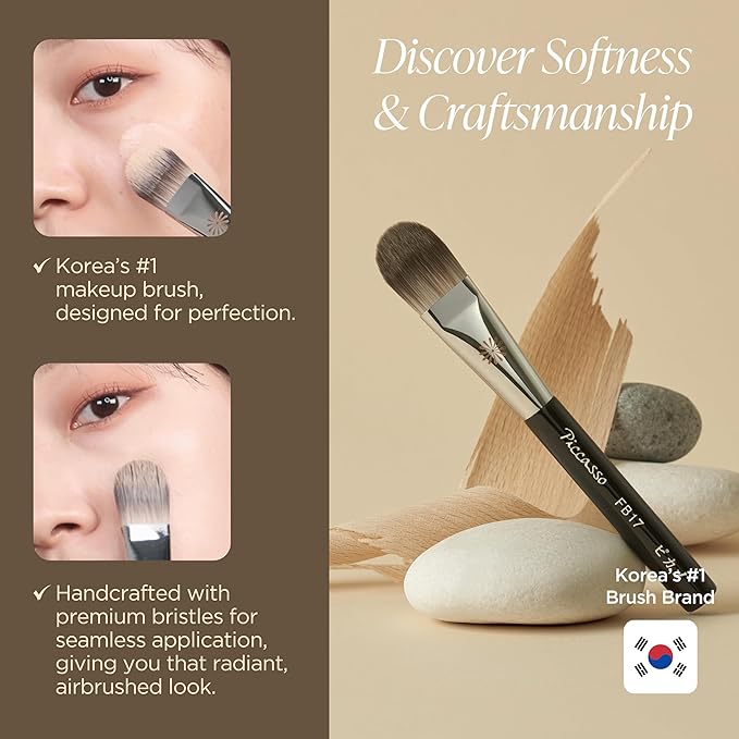 Piccasso Base Layering Set – FB17 Foundation Brush + 6P Latex Round Makeup Sponges, Professional Korean Beauty Tools for Flawless Base, Dewy & Matte Finish, Seamless Blending Kit