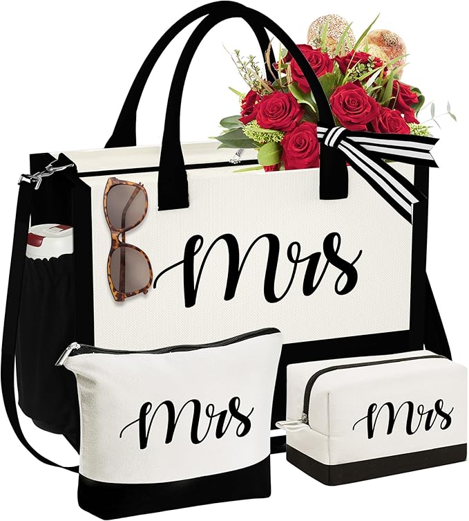 YOOLIFE Initial Canvas Tote Bag & Makeup Bag, Birthday Gifts for Women Mom Sister Friends, Bridesmaid Wedding Gifts