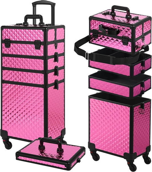 Rolling Makeup Case, Makeup Train Case with Lid, 5 in 1 Cosmetology Case on Wheels, Christmas Gift, Large Makeup Organizers, Profesional Cosmetic Case for Salon Barber, Rose Red