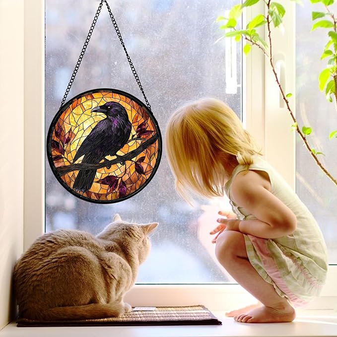 Stained Glass Window Hanging - Crow on a Branch Suncatcher Ready to Hang Window Doors Home Decoration and Christmas, Mother's Day Birthday Gifts for Women, Men, and Mom 7.8x7.8 in