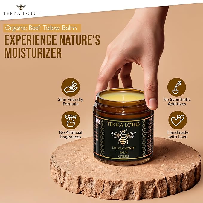 Organic Grass-Fed Beef Tallow Balm with Raw Honey - Moisturizing Cream for Soft, Smooth Skin - Handmade All-Natural Moisturizer (4oz, Citrus)