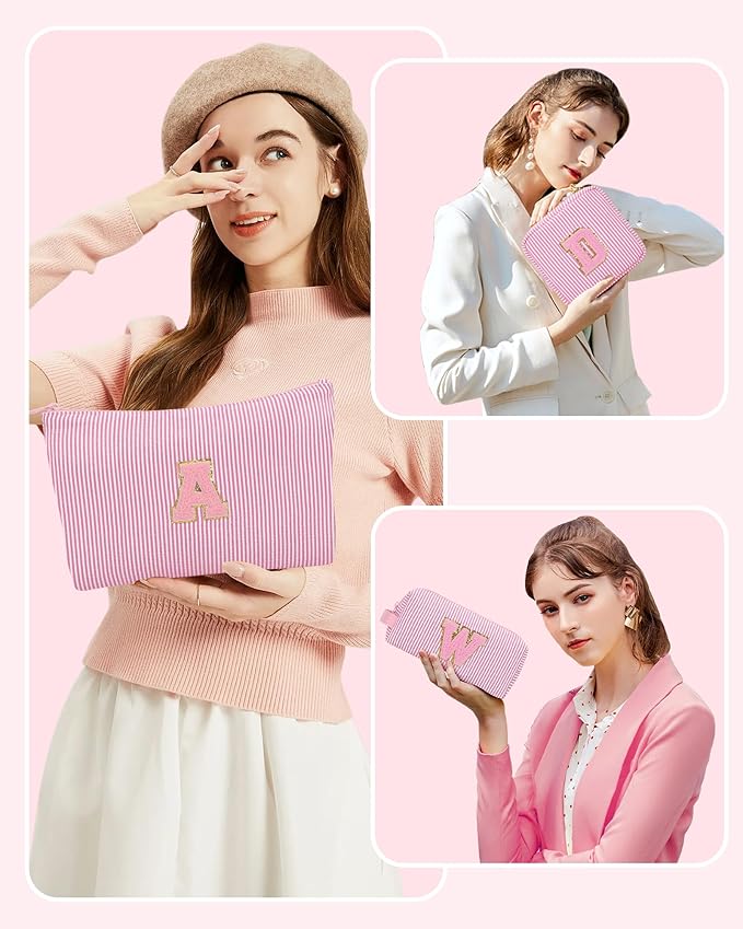 MONSTINA Personalized Initial Makeup Bag for Women,Monogram Make Up Case for Girlfriend Bridesmaid Wife,Birthday Gift for Her Cute Toiletry Bag,3PCS,Pink F