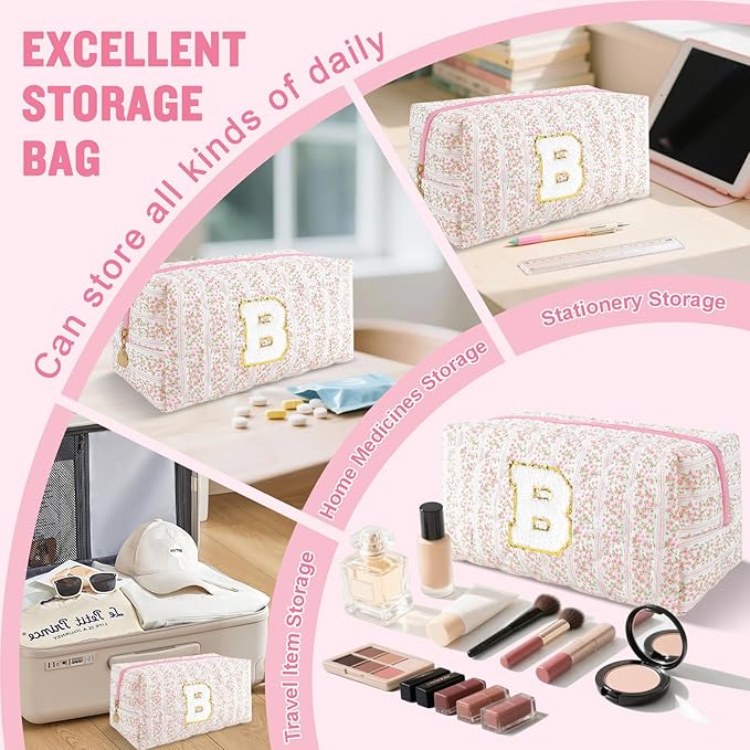 Personalized Quilted Cosmetic Bag, Puffy Monogrammed Christmas Birthday Gifts for Women & Girls, Cute initial Floral Makeup Bag Puffer Coquette Bag, Aesthetic Travel Toiletry Zipper Pouch(Pink,B)