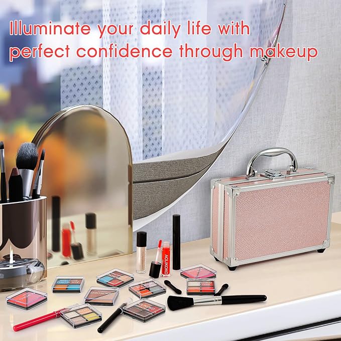 Makeup Kit for Teenager & Women Full Kit, All in One Makeup Set With The Small Cosmetic Train Case, Professional Makeup Kit, Makeup Gift Set for Women Girls (pink)