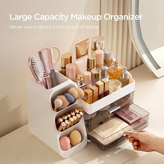 HBlife Makeup Organizer with Brush Holder for Vanity, Large Plastic Bathroom Countertop Organizer Skin Care Storage, Easy to Store Lipsticks, Nail Polishes, Perfumes, Eyeshadow Palettes, White