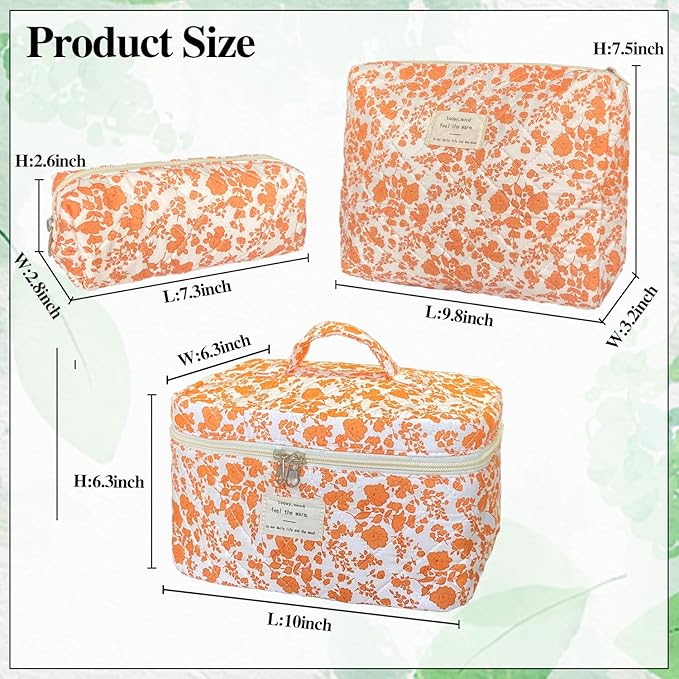 Orange Large Quilted Floral Makeup Bag Set of 3 Cute Coquette Aesthetic Cosmetic Bag Set Travel Toiletry Bag for Women