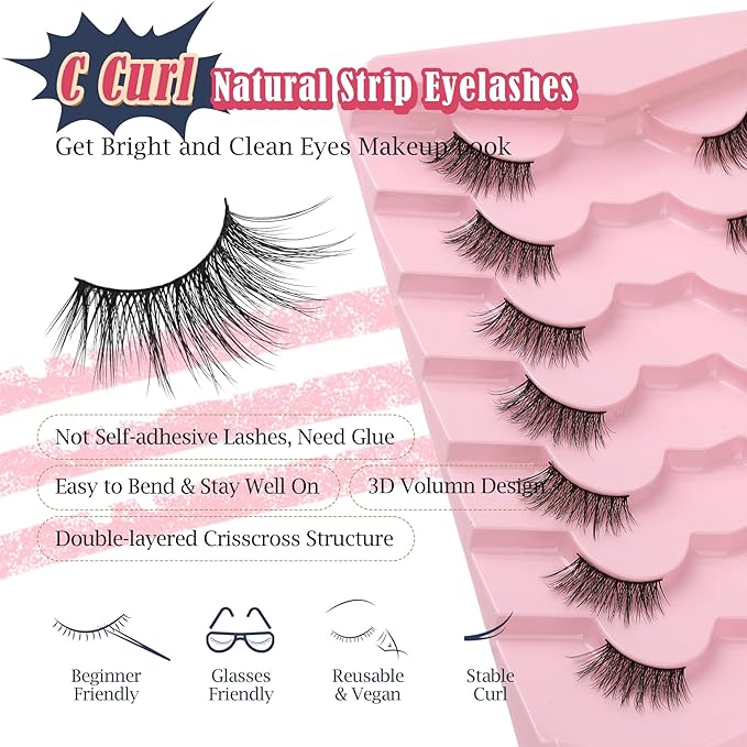 Half Lashes Cat Eye 14MM Corner Lashes False Eyelashes Natural Look C Curl Wispy Half Eyelashes 3/4 Lashes with Thin Cotton Band Soft Eyelash Pack Siligli 7 Pair