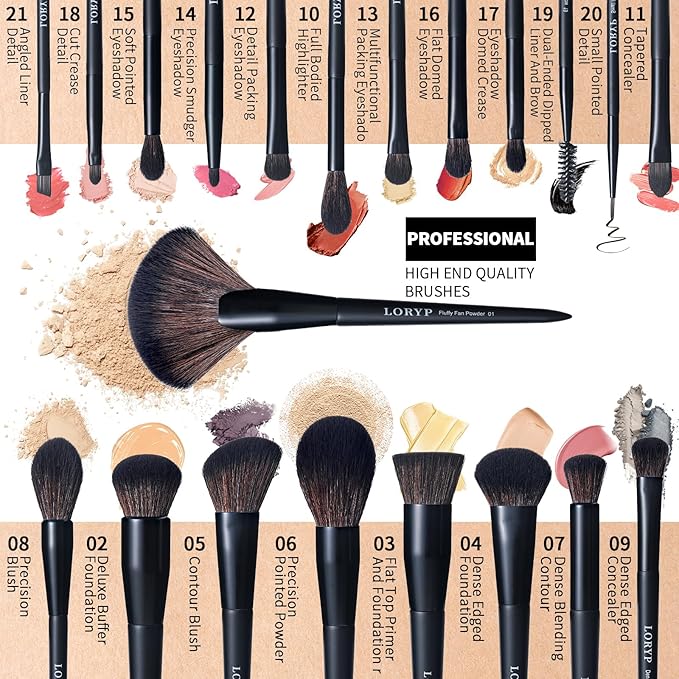 LORYP Black Makeup Brushes Set 21Pcs Powder Blush Foundation Concealer Highlighter Brush Vegan Pro Face and Eye Brush Kit