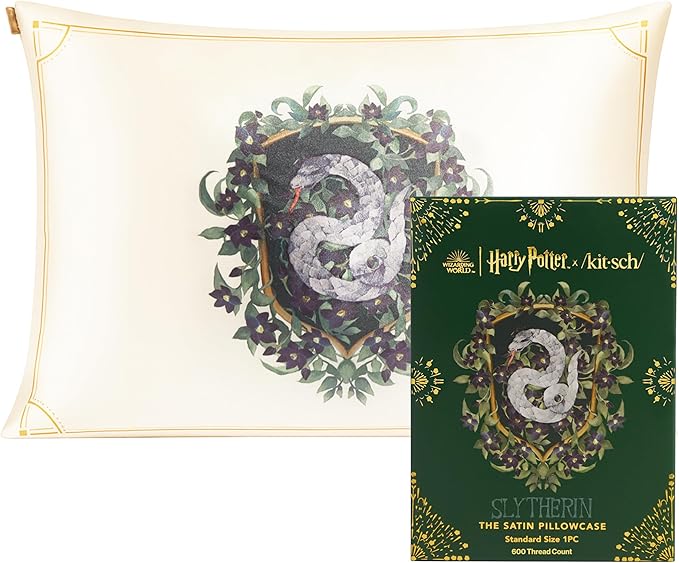 Kitsch x Harry Potter Slytherin Satin Pillowcase w/Zipper for Hair & Skin – Double-Sided, Softer Than Silk, Wrinkle-Free, Machine Washable, Frizz Control, Breakout Prevention - Queen/Standard(19x26)