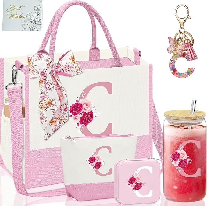 Initial Canvas Tote Bag,Birthday Gifts for Women,Monogrammed Gifts for Women,16oz Glass Cup,Personalized Gift for Mom,Initial Makeup Bag,Unique Gift for Mom Sister Bestie-C
