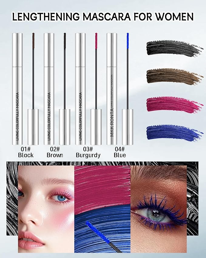 Colored Mascara Set, Black Brown Burgundy Blue Waterproof Liquid Curling Colorful Mascara for Eyelashes, Lengthening Long Lasting Lashes Volume and Length,Christmas Cosplay Party Makeup Gift for Women