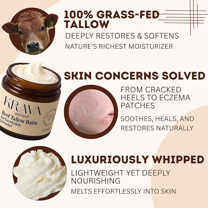 Beef Tallow for Skin, Beef Tallow for Face, Whipped Tallow Balm, Beef Tallow Moisturizer - Tallow Face Moisturizer, Tallow Cream | 100% Grass Fed, Lavender, 2 oz