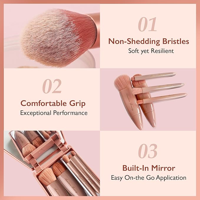 Travel Makeup Brushes Set, Easy Taken 5pcs Mini Makeup Brushes Kit with mirror, ON-THE-GO, Makeup Set for Beauty Blender, Get Glam On-the-Go! brown