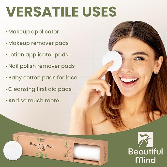 Cotton Round Pads for Face 100 Pack - 3 Layer Eye Makeup and Nail Polish Remover - Lint Free Cleansing Circle Pad for Facial Exfoliating, Toner - Travel Size Skin Care Rounds