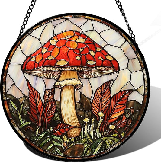 Stained Glass Window Hanging, Big Red Mushroom Suncatcher for Doors Home Sun Catchers Decoration and Christmas, Mother's Day Birthday Gifts for Women, Men, and Mom 14.9x14.9 in