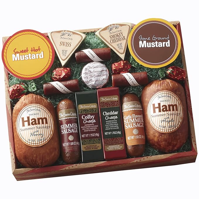 The Swiss Colony 14 Country Favorites Gift Box Assorted Summer Sausage Meats and Cheeses, Mustards, Candies, Charcuterie Food Box for Holiday or Thank You Gifts Adults, Women, Men, Charcuterie Boards