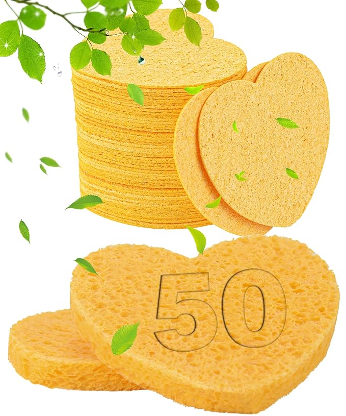 50-Count Compressed Facial Sponges for Estheticians- 100% Natural Cellulose Face Sponge Spa Sponges for Face Cleansing, Massage, Pore Exfoliating, Mask, Makeup Removal (Love-Yellow)