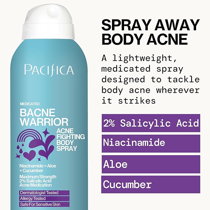 Pacifica Bacne Warrior - Bacne Salicylic Acid Spray, Back Acne Treatment Spray with 2% Salicylic Acid, Niacinamide, and Aloe, Body Acne Warrior for Body, Chest, and Back, Dermatologist Tested- 6 Fl Oz