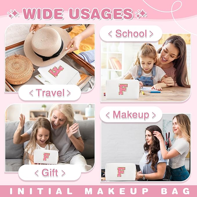 Small Personalized Initial A-Z Patch Makeup Bag,White Cute PU Leather Glitter Letter Cosmetic Bag for Teen Girls,Travel Toiletry Bag with Zipper,Preppy Monogrammed Birthday Gift for Daughter Niece F
