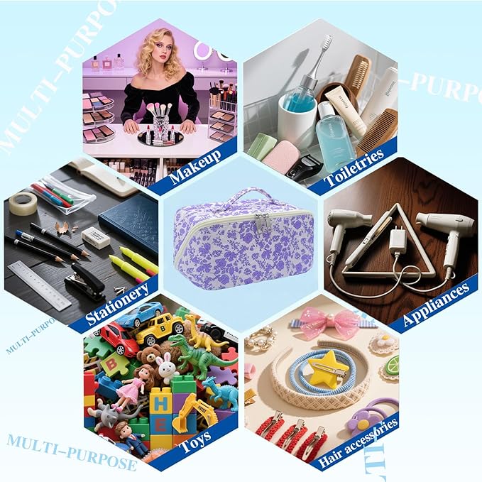 Purple Large Quilted Floral Makeup Bag Cute Coquette Aesthetic Cosmetic Bag Open Flat Travel Toiletry Make up Bag for Women