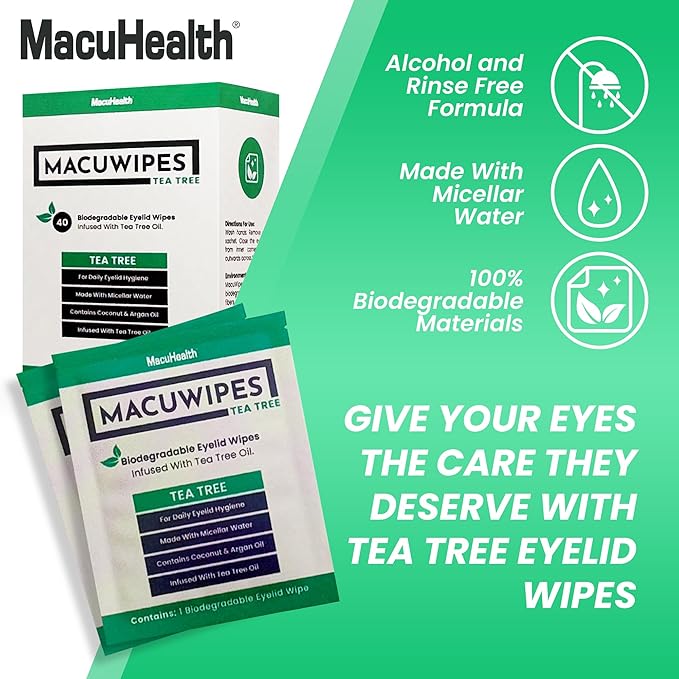 MacuHealth MacuWipes Tea Tree - Pre-Moistened Eyelid Wipes for Dry Eyes, Blepharitis & Sore Eyes, Eye Makeup Remover, Rinse-Free Formula with Tea Tree & Coconut Oil, Individually Wrapped - 40 Count