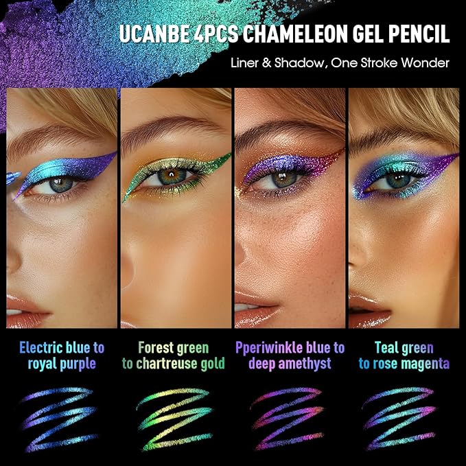 UCANBE 4PCS Chameleon Eyeshadow & Eyeliner Gel Pencil Set - Multichrome Shifting Colors Metallic Glitter Eye Makeup,Waterproof Long-Lasting Smudge-Proof Multi-Dimensional Color